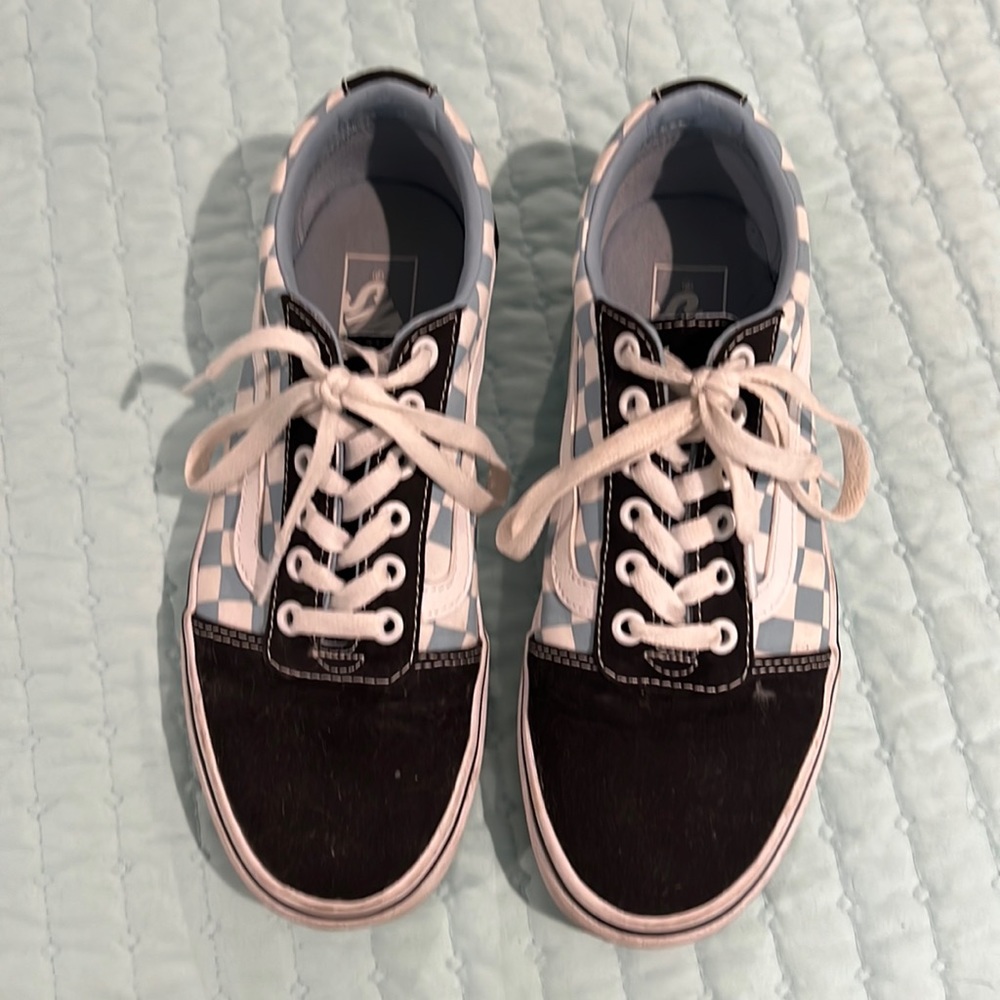 Slightly worn blue and white vans from off the wall, fairly good condition